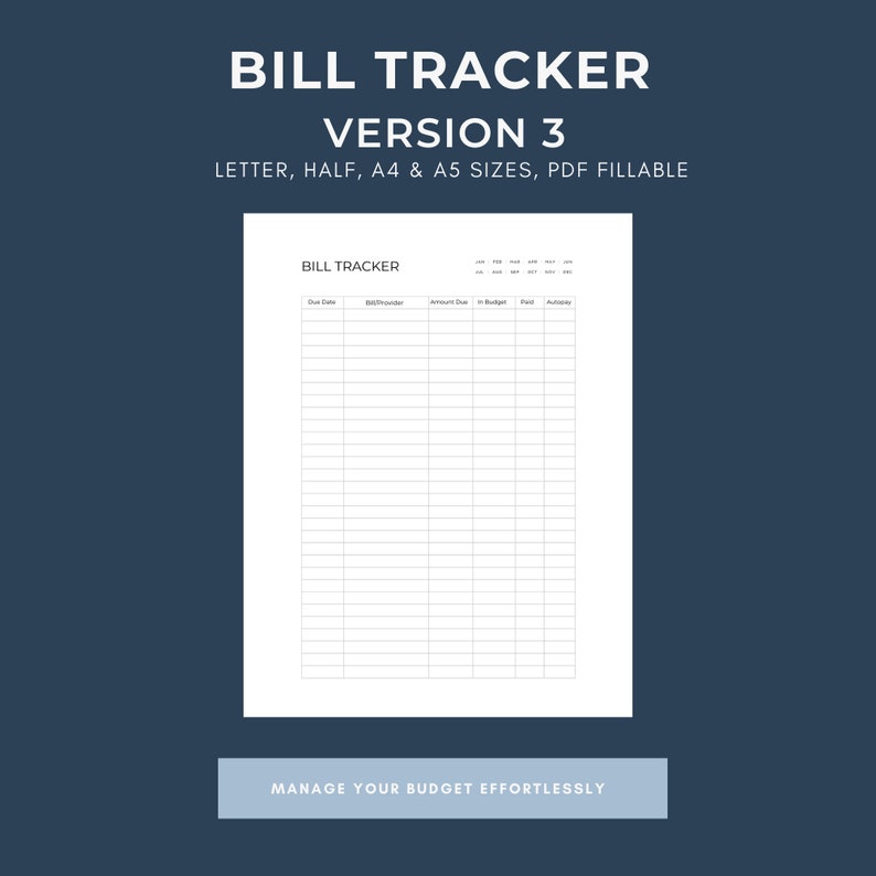 Monthly Bill Tracker Printable Bill Payment Checklist Bill Organizer ...