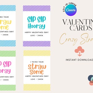 NonTreat Valentine Tag, 2 Different Tag Design, Crazy Straw Valentine Tag, SIP SIP Hooray, Canvas Template, Kids Classroom Tag, DIY Editable