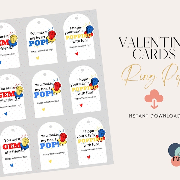 Valentine Card, Ring Pop Valentine Card,  School Valentines Favor Tag, You are a Gem of a Friend. - Red, Blue, Yellow