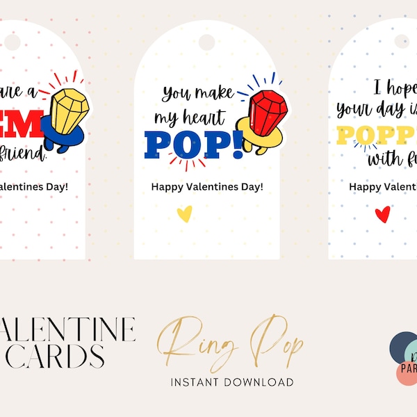 Valentine Card, Ring Pop Valentine Card,  School Valentines Favor Tag, You are a Gem of a Friend. - Red, Blue, Yellow