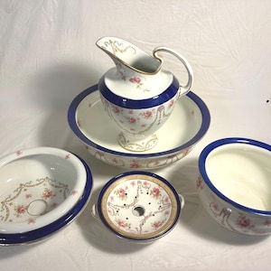 Antique Pitcher and Bowl Set, F. Winkle & Co Wash Basin Set, Commode Set