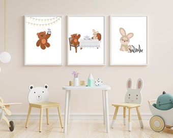 Nursery Wall Art Animal Teddy Bear and Bunny Tea Party Instant Digital and Printable Download