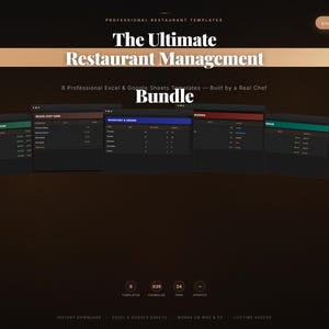 May include: An advertisement for restaurant management templates. The title "The Ultimate Restaurant Management Bundle" is displayed in white text on a brown background. The image shows several spreadsheet templates with data, and the price is £39.99.