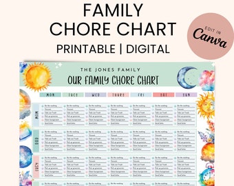 Family Chore Chart | Household Planner Printable | Responsibility Chart | Cleaning Schedule | Family Calendar | Chore Chart For Kids