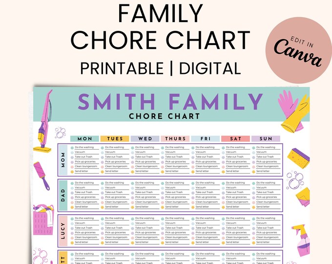Family Chore Chart Checklist, Editable Cleaning Planner, Cleaning ...
