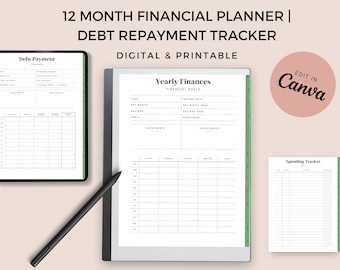 May include: A digital printable 12-month financial planner and debt repayment tracker with a green border. The planner includes sections for yearly finances, debt payment, and spending tracker. The text "EDIT IN Canva" is in a pink circle.