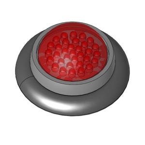 May include: A round red LED light with a black housing. The light has a large number of LEDs arranged in a circular pattern.