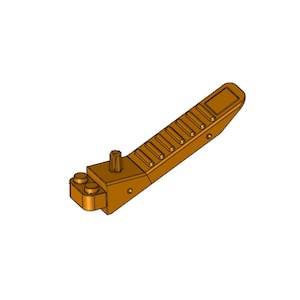 May include: A brown plastic LEGO piece with a textured surface and a small gear on the side. The piece is designed to be used as a foot pedal.