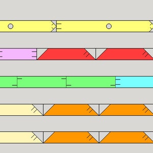 Puede incluir: Un conjunto de cinco tiras de colores con diferentes patrones y formas. La primera tira es amarilla con dos agujeros, la segunda es rosa y roja, la tercera es verde y azul, la cuarta es crema, naranja, morado y turquesa, y la quinta es crema, naranja y rosa.