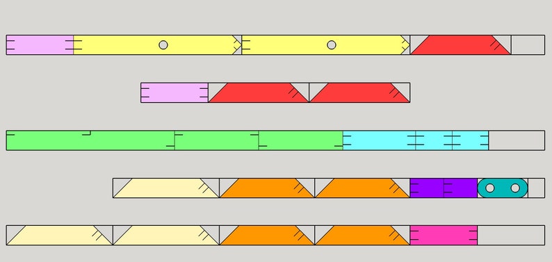 Puede incluir: Un conjunto de cinco tiras de colores con diferentes patrones y formas. La primera tira es amarilla con dos agujeros, la segunda es rosa y roja, la tercera es verde y azul, la cuarta es crema, naranja, morado y turquesa, y la quinta es crema, naranja y rosa.