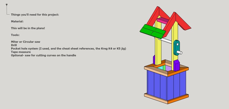 Puede incluir: Un pozo de los deseos de madera de colores con un techo rojo, lados amarillos y un cubo de pozo azul. El pozo tiene una manivela y un techo verde.