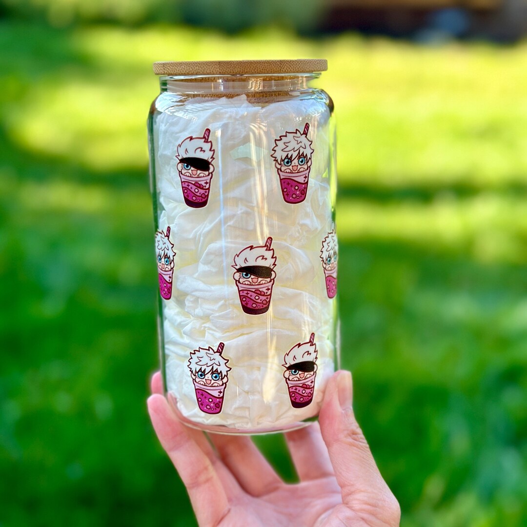 16oz Glass Cup, Anime Tumbler, Anime Glass Cup, Bamboo Lid Tumbler