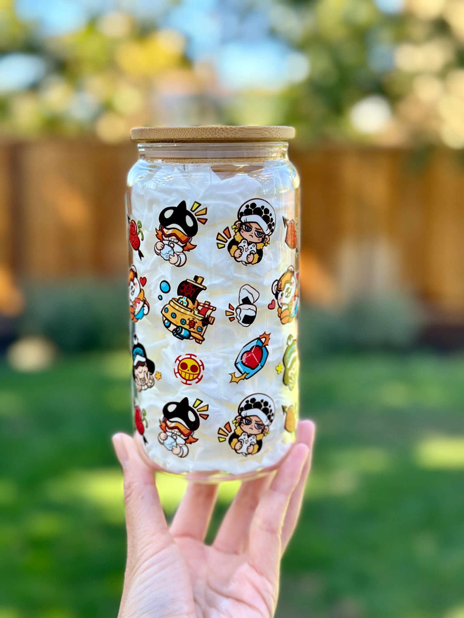16oz Glass Cup, Anime Tumbler, Anime Glass Cup, Bamboo Lid Tumbler