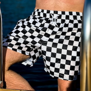 Checkerboard Swim Trunk Shorts, Mens Retro Checker Pattern Swimsuit