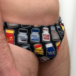 Poppers Swim Briefs, Gay Mens Retro Pride Swimsuit, Cruising Swimwear Vintage Queer Aesthetic Swimming Trunks