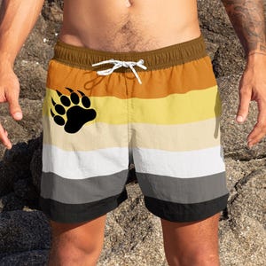 Gay Mens Bear Pride Flag Swimsuit, Rainbow Swim Trunks, LGBTQ Swimwear, Queer Swimming Shorts