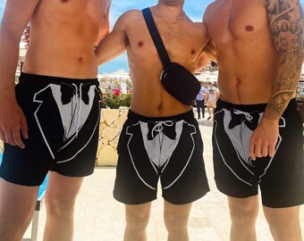 Groom Tuxedo Swimsuit, Mens Wedding Swim Trunks, Bachelor Party Swimwear, Matching Groomsmen Custom Board Shorts, Honeymoon Beachwear