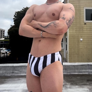 Men&#39;s Vertical Striped Swim Briefs, Navy Blue Nautical Speedo Style Swimsuit, Black & White Retro Gay Swimwear, Pride Festival Swim Trunks