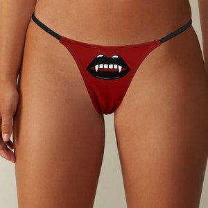 Vampire Fangs Halloween Thong, Horror Lips Bit Me Valentine Underwear, Funny Scary Period G-String Panties