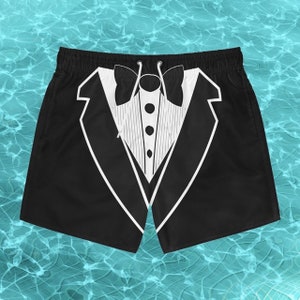 Groom Tuxedo Swimsuit, Mens Wedding Swim Trunks, Bachelor Party Swimwear, Matching Groomsmen Custom Board Shorts, Honeymoon Beachwear