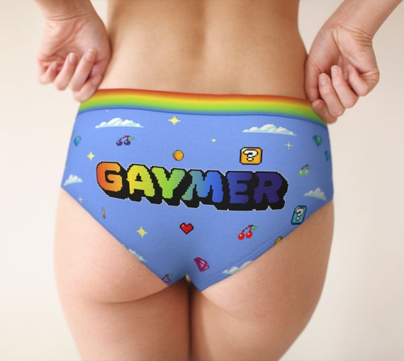 Gaymer Pride Briefs, Retro Video Game Pattern Underwear, Rainbow