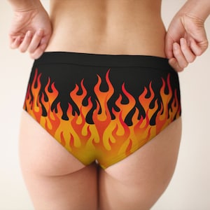 May include: Black underwear with a flame pattern in orange and red.