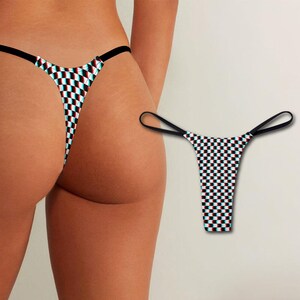 3D Checkerboard Thong Panties, Women's Wavy Checker Print Lingerie, Trippy Pattern G-String Underwear