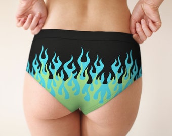 Hot Rod Flame Women's Briefs, Blue Green Fire Print Pattern Underwear, Ladies Retro Punk Flaming Fiery Lingerie