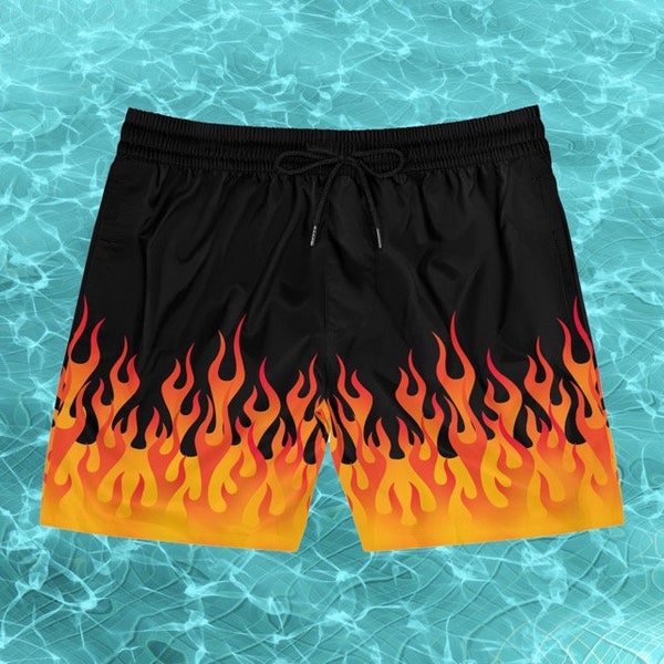 Hot Rod Flame Men's Swimsuit, Fire Print Swim Trunks, Retro Punk Swimwear, Goth Emo Shorts