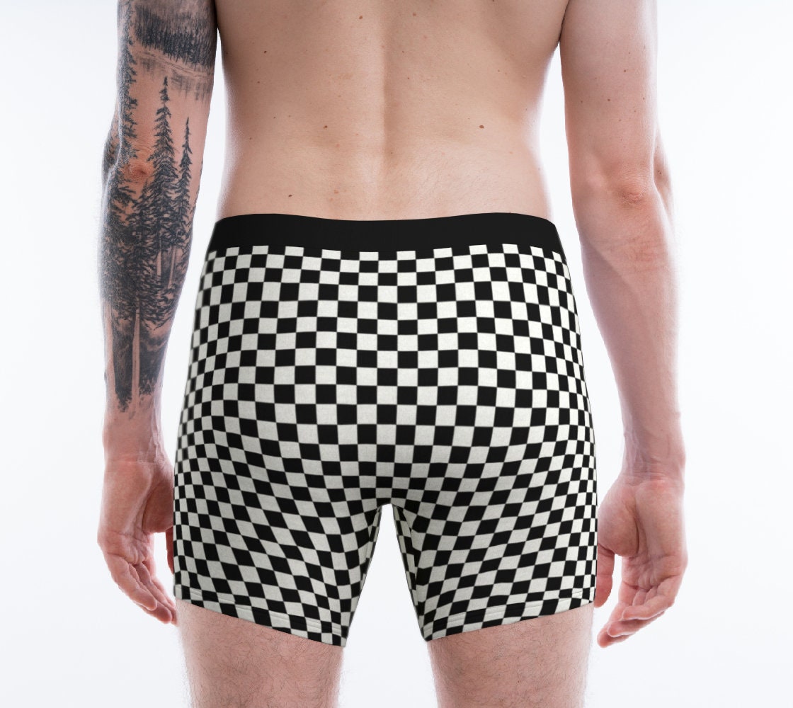 Mens Checkerboard Boxer Brief Underwear, Classic Black + White Checker Print Undies