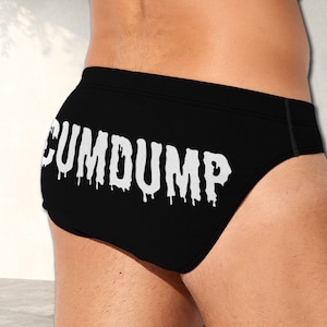 May include: Black briefs featuring the white text CUMDUMP printed across the back. The lettering has a distinct dripping, liquid-like effect. The garment is constructed with a standard elastic waistband and a fitted, brief-style cut.