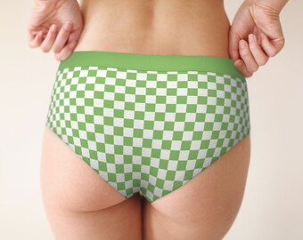 Pastel Green Checkerboard Brief Panties, Women's Pistachio Checker Lingerie Underwear