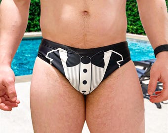 Men's Tuxedo Swim Briefs: Bachelor Party Swimwear, Custom Groom Gift