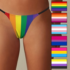 May include: A rainbow-colored thong with a black string waistband. The thong features a vibrant design with vertical stripes in the colors of the rainbow. Additional flags representing various LGBTQ+ identities are displayed to the right.
