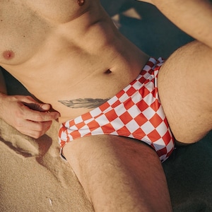 Mens Orange Checkered Swim Briefs, Checkerboard Swimming Trunks