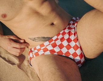 Slip de bain à carreaux orange pour homme, maillot de bain à damier