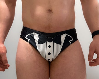 Groom Tuxedo Swim Briefs, Mens Bachelor Party Swimwear, Matching Wedding Swimming Trunks, Custom Gift for Destination Honeymoon
