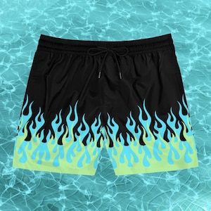 Blauwgroene Hot Rod Flame-zwembroek, herenbadpak met vuurprint