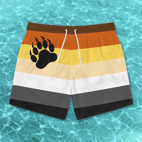 Gay Mens Bear Pride Flag Swimsuit, Rainbow Swim Trunks, LGBTQ Swimwear, Queer Swimming Shorts