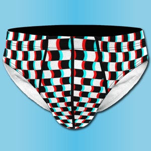 May include: Black underwear with a wavy, checkered pattern in red, white, and blue.