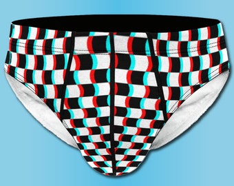 3D Checkerboard Men's Briefs, Wavy Checker Print Underwear, Trippy Check Lingerie with Optical Illusion