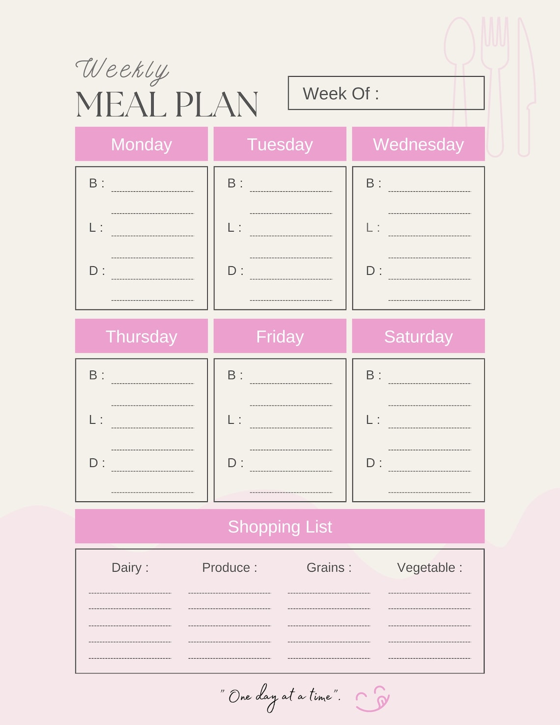 Weekly Meal Planner | Pink & Neutral | Download Template - Etsy