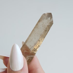 May include: A clear, light brown quartz crystal point with a pointed tip and a flat base. The crystal is translucent and has a slight golden hue.