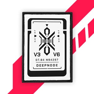 以下が含まれることがあります： 幾何学模様と「V3 V6」と「DEEPNODE」の文字が入った白黒のパッチ。パッチは黒い縁取りがあり、赤い斜めのストライプが入った白い背景に配置されています。