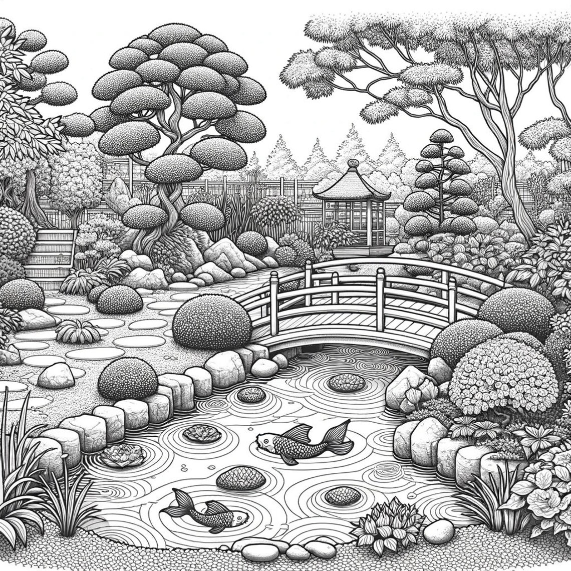 Zen Garden Japanese Scene, Adult Coloring Page for Mindfulness and