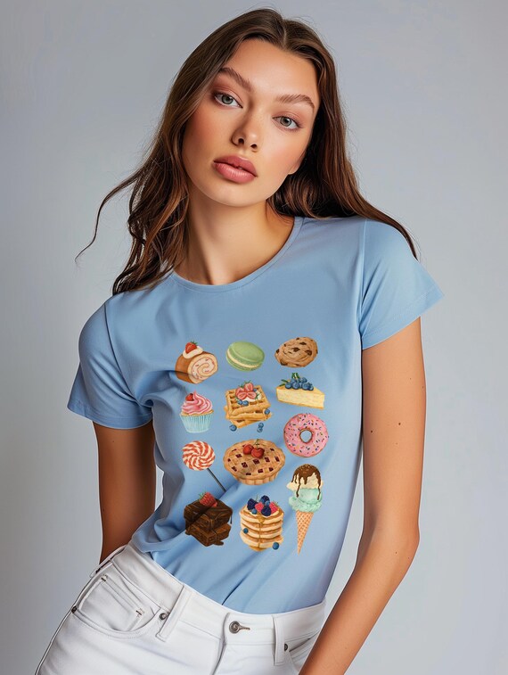 Sweet Treats Delight: Women's T-Shirt with Delicious Desserts Design - Perfect Gift for Food Lovers