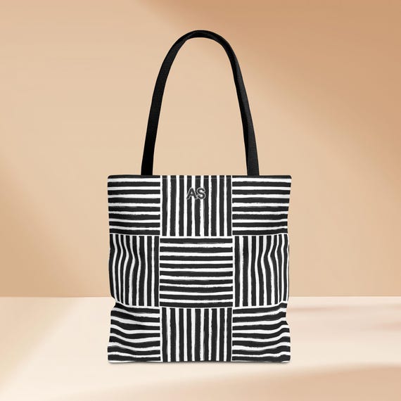 Tote Bag, Modern Monochrome Striped Grid Design, Stylish Shoulder Bag, Trendy Carryall, Fashionable Shopping Tote, Chic Beach Tote, Everyday