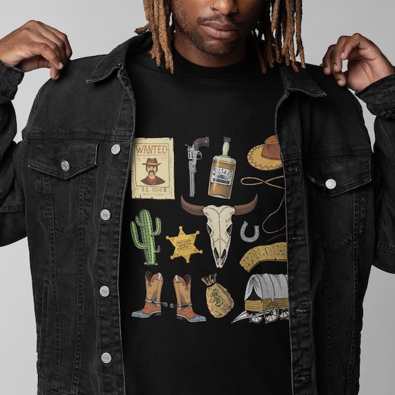 Vintage Wild West T-Shirt - Cowboy Clip Art, Cactus & Revolver Design - Perfect Western Gift