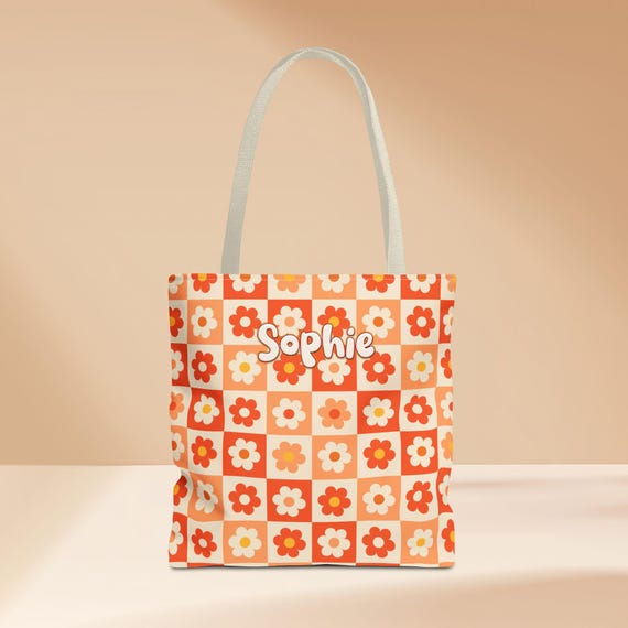Hippie Flower Pattern Tote Bag, Customizable with Name, Floral Boho Shoulder Bag, Eco-Friendly Grocery Bag, Personalized Beach Tote, Unique