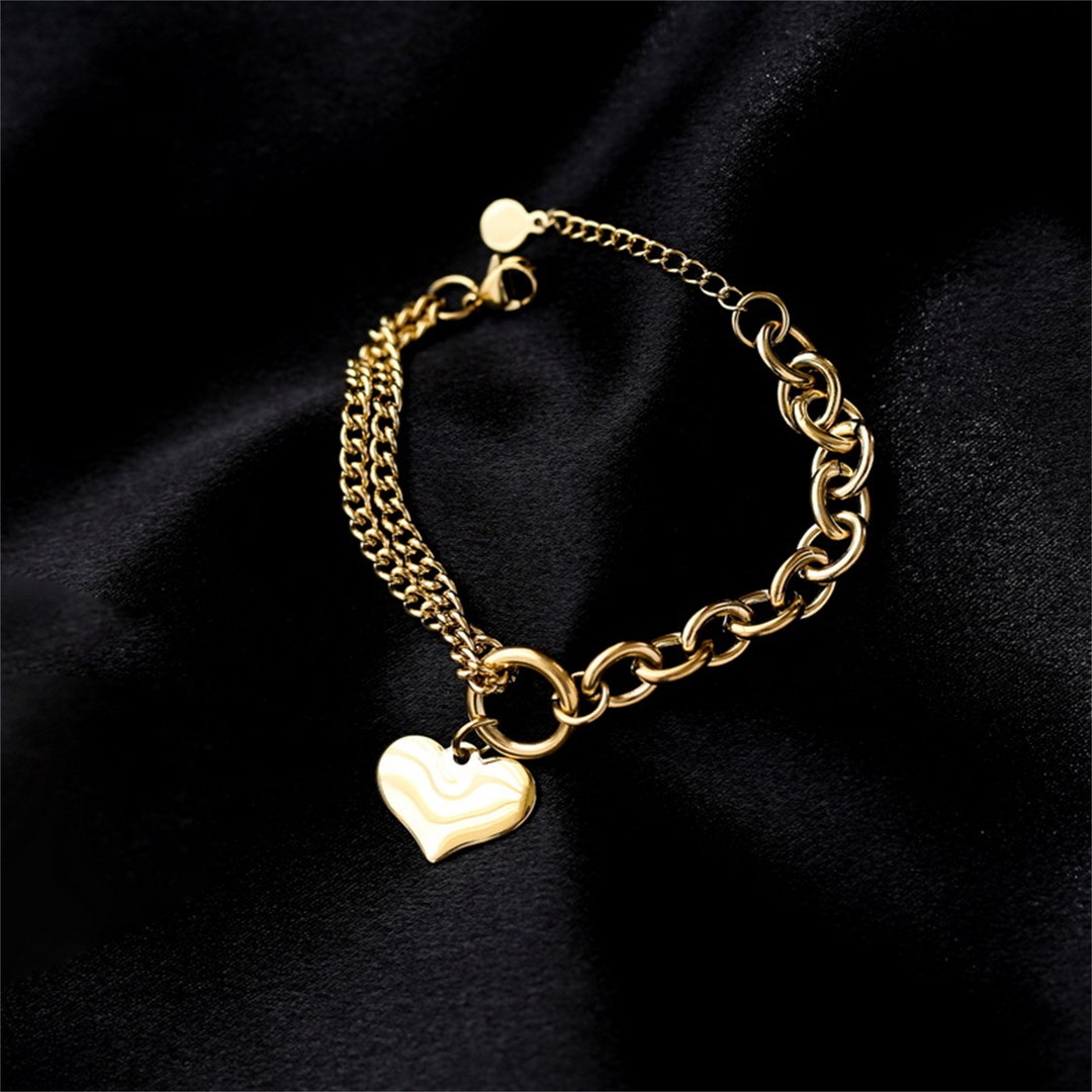 18K Gold Filled Heart Bracelet Curb Chain Bracelet Chunky Etsy